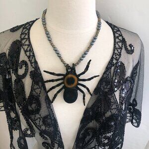 Black Spider Necklace Hematite Chain 24" Estate Sale Halloween Gothic